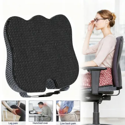 A collage showing a lumbar support cushion, a woman sitting in an office chair with the cushion, and three smaller images illustrating leg pain, hunched posture, and low back pain.