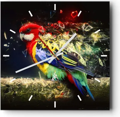 Produktbild von Wanduhr - Quadrat - Glasuhr - Papagei Vogel Feder - 40x40cm - Schleichendes Uhrwerk - Lautlos - zum Aufhängen bereit - Dekoration Modern - Wanddekoration aus Glas - C3AC40x40-3682