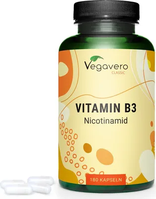 Produktbild von Vegavero Vitamin B3 Niacin | 180 Kapseln | 500 mg Nicotinamid pro Kapsel | vegan
