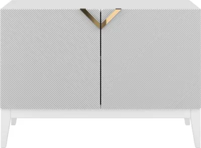 Produktbild von Visby Demi Long 2D Kommode Mit Gefrästen Fronten / Massive Buche / TV-Lowboard Mit 2 Türen / TV-Schrank Mit Dekorativen Fronten Und Goldgriffen / 100/70 Cm / Weiße beine / Weiß