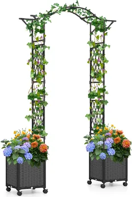 Obrázek produktu pro COSTWAY 2 v 1 oblouk na růže s květinovým truhlíkem, 250 cm, mříž se 2 truhlíky na květináče na kolečkách a drenážními otvory, zahradní oblouk, mřížový oblouk, oblouk na bránu šedý