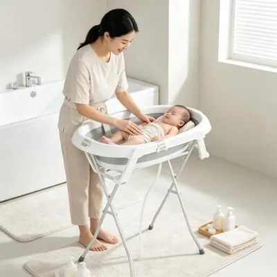 Produktbild von Babybadewanne mit Ständer,Faltbar Badewanne Baby für Baby 0-12 Jahre und Neue Mutter,Neugeborene Babybadewanne 66x61x82cm Grau