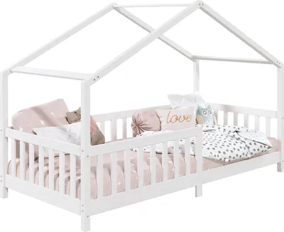 Produktbild von Hausbett LISAN aus massiver Kiefer in weiß, schönes Montessori Bett in 90 x 200 cm, stabiles Indianerbett mit Rausfallschutz und Dach