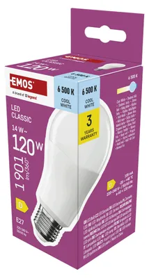 Obrázok produktu pre EMOS LED žiarovka A60, 14 W, náhrada za 120 W žiarovku, klasická žiarovka s päticou E27, svietivosť 1901 lm, studená biela 6500 K, ZQ5D77