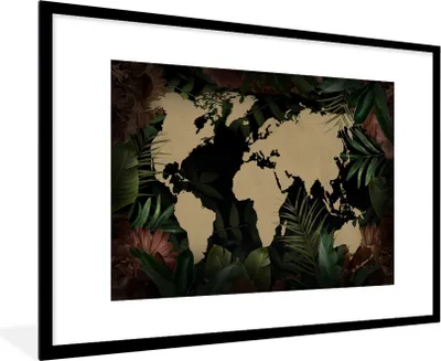 Produktbild von MuchoWow® MuchoWow® Gerahmtes Poster Weltkarte - Blätter - Blumen 90x60 cm - Poster mit zchwarzem Bilderrahmen - Wanddekoration - Fotos