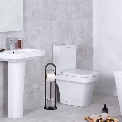 Produktbild von Toilettenpapierhalter EGON mit Bürstenhalter, Modern & Freistehend - Kein Bohren, Rundfuß, Schwarz | Klopapierhalter, Klobürste, WC-Garnitur, Badzubehör