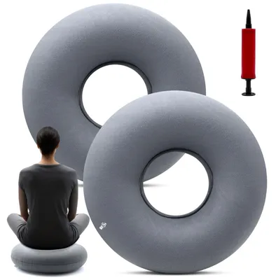 Produktbild von 2 runde, aufblasbare Sitzkissen für Hämorrhoiden, 35 cm, Steißbeinkissen, Sitzring mit Pumpe, Donut-Kissen für die postoperative Anwendung (grau)