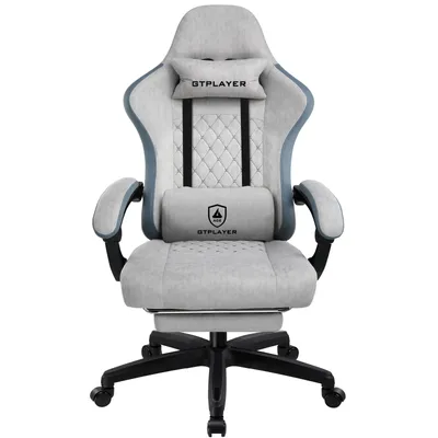 A gaming chair is shown from the front on a white background.