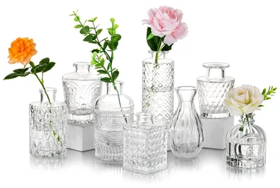 Productafbeelding van Set van 8 kleine glazen vaasjes - Vintage bloemenvaasjes