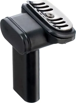 A black plastic plumbing fitting with a silver metal grate on top, isolated on a white background.