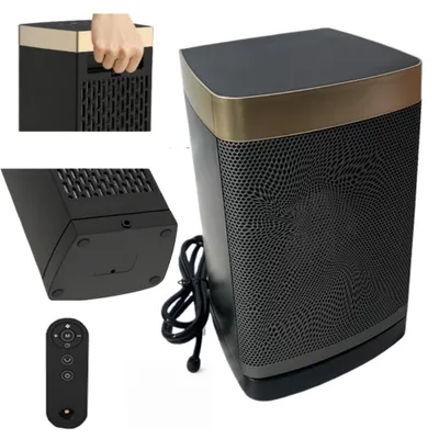 A collage of images showing a black ceramic heater with gold accents from different angles, including a hand holding the handle and a remote control.