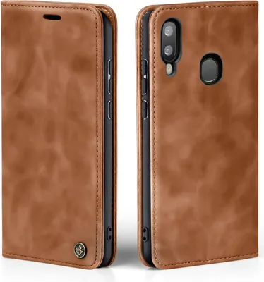 Two views of a brown leather flip case for a smartphone, shown against a white background.