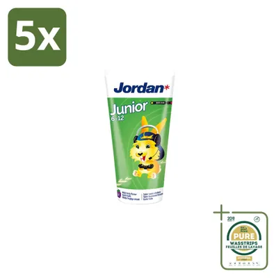 Obrázok produktu pre 5 ks zubnej pasty Jordan Junior pre deti 6-12 rokov – príchuť ovocie a mäta – 50 ml – balenie