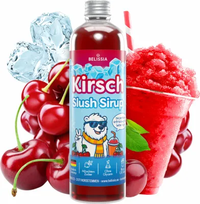 Produktbild von Belissia Slush Eis Sirup 250ml Konzentrat - Kirsche - sehr ergiebig in knalligen Farben (1:5) für bis zu 1,5 Liter - Glycerin frei – für Slush-Eis