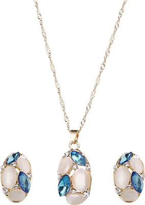 Produktbild von 2 Teile/satz Luxus Oval Faux Opal Anhänger Ohrstecker Halskette Set Glänzende Strass Dekor Frauen Elegante Ohrring Halskette Set