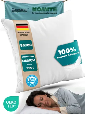 Produktbild von DAUNENKISSEN 80x80 – 3-Kammer Kopfkissen & Federkissen mit 100% Daunen & Federn, 100% Baumwollbezug, schadstoff, Fest, 1700 g