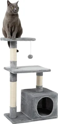 Image de lionto Arbre à chat, 85 cm Arbre à chat & de jeu compact avec grotte, 2 plateaux, balle en peluche & troncs en sisal, avec support mural, gris clair