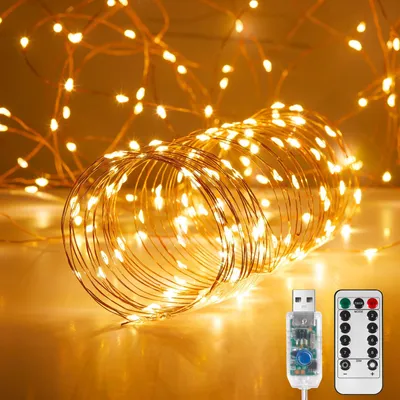 LED-Lichterkette 10 m, 100 warmweiße USB-Lichter mit Fernbedienung
