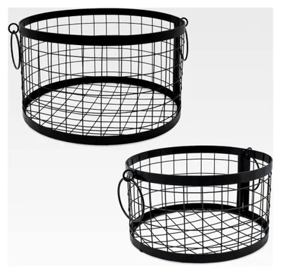 Produktbild von Runder Metallgitterkorb mit Griffen schwarz im 2er Set - 27/22 cm - Regalkorb im Industrial Design in zwei Größen - Korbset Dekokorb Drahtkorb Aufbewahrungskorb
