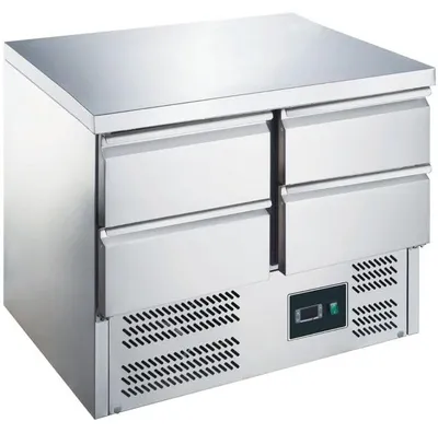 Imagen del producto de Mesa de trabajo Koeltafel con 4 cajones refrigerados, dimensiones 900 x 700 mm, fabricada en acero inoxidable