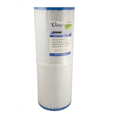 A white pleated filter cartridge with a label on it, set against a white background.