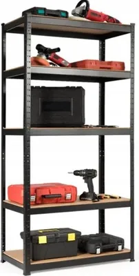 A metal shelving unit filled with various tools and toolboxes.