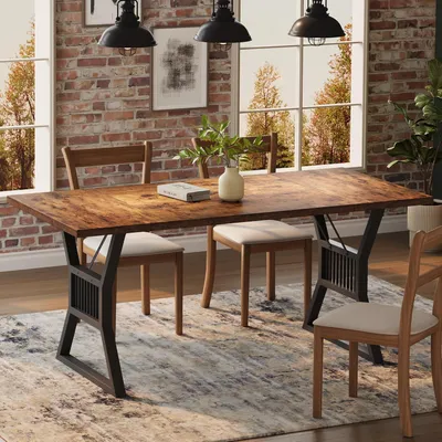 Image de Table de salle à manger industrielle, rectangulaire, 180x75x74 cm, noire, en bois et métal, pour 4 à 6 personnes