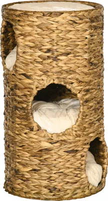 Produktbild von PawHut Kratztonne, 73 cm hoch Katzentonne mit 3 Höhle, Kratzbaum mit Kissen, Katzenturm aus Wasserhyazinthe, für Katze bis 3,5 kg, Hellbraun
