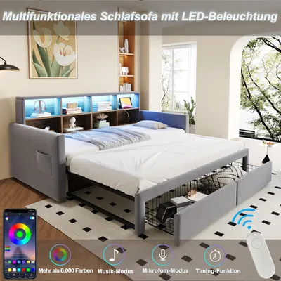 Image de OKWISH Lit Gigogne 90x190 cm - Lit Capitonné avec LED, 2 Tiroirs et Compartiments pour Enfant - Velours, MDF, Gris Clair - sans Matelas