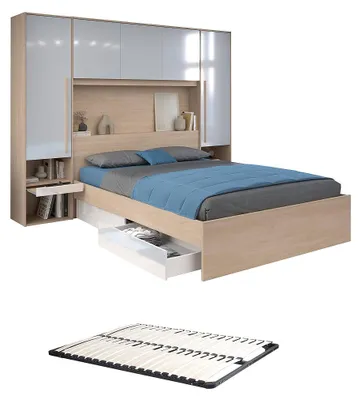 Produktbild von Bett mit Einbauten und Stauraum 160 x 200 cm - mit LED-Beleuchtung - Natur und glänzend weiß + Bettrahmen - VELONA