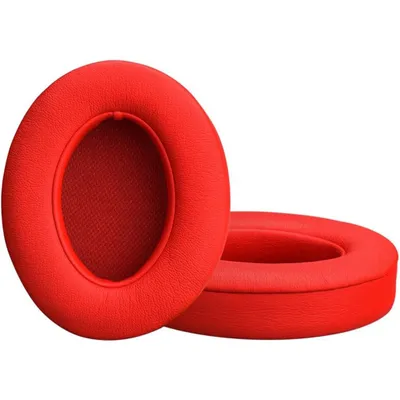 Two red ear pads for headphones are shown against a white background.