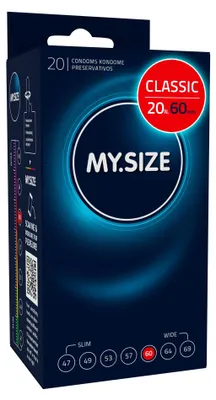 Zdjęcie produktu dla Prezerwatywy MY.SIZE Classic Szerokość 60 mm | Opakowanie 20 sztuk | Bardzo cienkie | Naturalne wrażenia | Cienka ścianka o grubości 0,07 mm