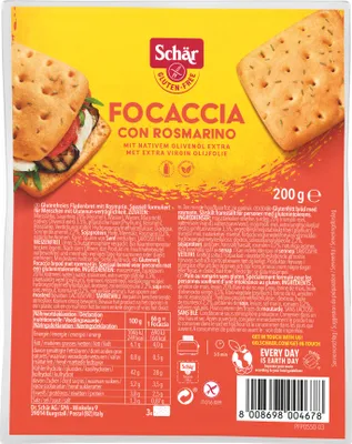 Produktbild von Dr. Schär Focaccia con rosmarino, Salzcracker, Rosmarin, 200 g, Rechteck, Milchzucker, Palmöl, Konservierungsmittel, Maisstärke , Sauerteig (Reismehl, Wasser) 20% , Wasser , Maismehl , natives Olivenöl extra 3,5%...