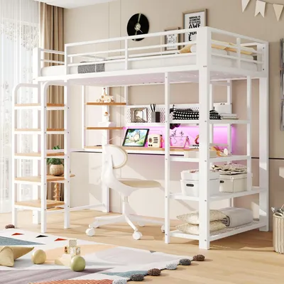 Produktbild von Metall-Hochbett 90x200 cm Weiß Multifunktionsbett mit Schreibtisch Lochplatte LED & Steckdose stabiles Kinderbett Jugendbett ohne Matratze
