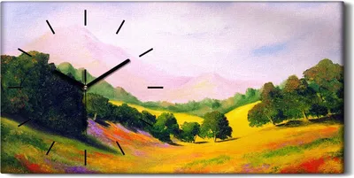 Produktbild von Wanduhr Leinwand Bild Uhr Geräuschlos 60x30 Wiesenlandschaft Berge Malerei - schwarze Hände