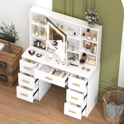 Productafbeelding van Kaptafel Met LED-Spiegel - Wit - 7 Laden - MDF Hout
