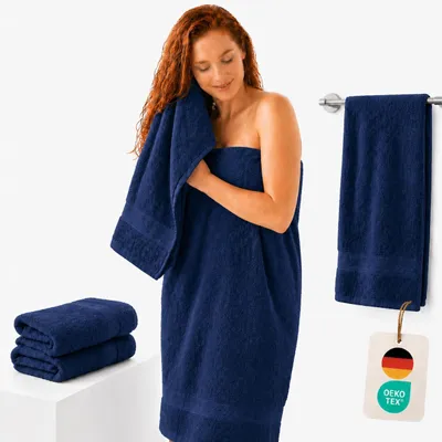Produktbild von Komfortec 2er Set Duschtücher, 70x140cm Größe, Doppelpack, %100 Baumwolle, Handtücher, Frottee, Weich, Saugstark, Navy Blau