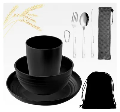 Produktbild von 9-teiliges Camping Besteck Set aus unzerbrechlichem Kunststoff Geschirr für Picknick