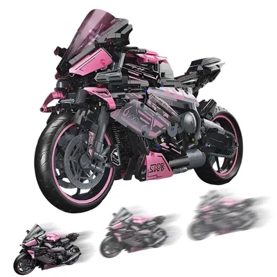 Image de Jeu de construction Klemmbausteine, modèle de moto chopper, 2066 pièces, couleurs rose et noir