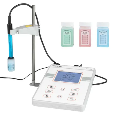 Zdjęcie produktu dla Elektroniczny miernik pH do użytku laboratoryjnego, zakres pomiarowy 0–14, zestaw testowy z podświetlanym wyświetlaczem, roztwory kalibracyjne, zasilacz sieciowy oraz pamięć do przechowywania do 50 wyników pomiarów, idealny do analiz temperatury i jakości wody