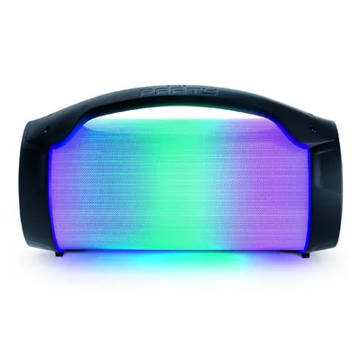 A portable Bluetooth speaker with colorful LED lights.
