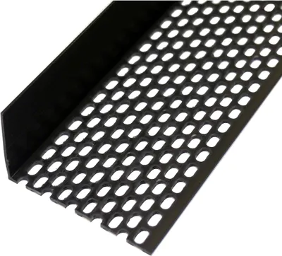 A close-up, angled view of a black perforated corner profile on a white background.