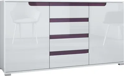 A white sideboard with purple accents is shown against a white background.