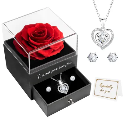 Stabilisierte Rose mit Silberkette, rot, 1 Rose + Schmuck