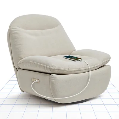 A beige recliner chair with a phone charging via a USB port.