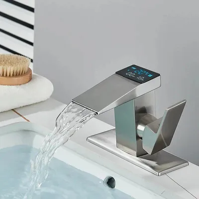 Image de Robinet de salle de bains - robinet de lavabo - affichage numérique de la température alimenté par l'eau - montage sur pied - laiton - cartouche céramique - vert clair