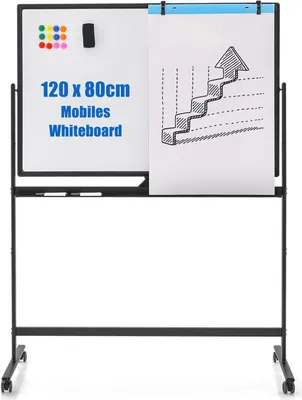 Produktbild von Oboustranná mobilní tabule COSTWAY, 120 x 80 cm, výškově nastavitelná magnetická tabule s kolečky, stojanem a zásobníkem na pera, včetně příslušenství pro školu, kancelář, domácnost
