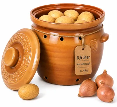 Produktbild von KERAZO 6,5 Liter Kartoffeltopf aus Steingut Keramik mit Deckel, Zwiebeltopf Vorratstopf Gemüsetopf, braun
