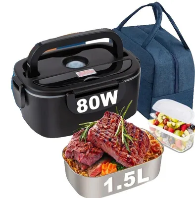 Imagen del producto de Lonchera eléctrica para calentar alimentos, de acero inoxidable, con bolsa de transporte aislante, 80W-1.5L