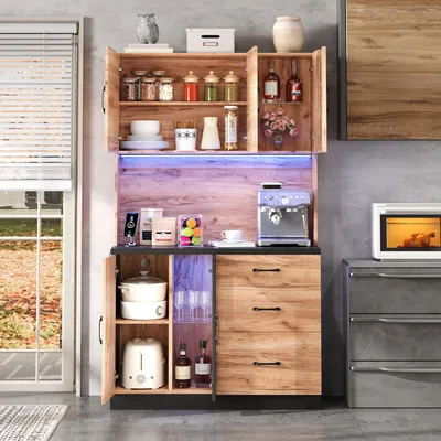 Immagine prodotto di Mobile alto da cucina Merax con 5 ante e illuminazione a LED, credenza con ripiani regolabili, mobile alto con presa Euro, nero + legno